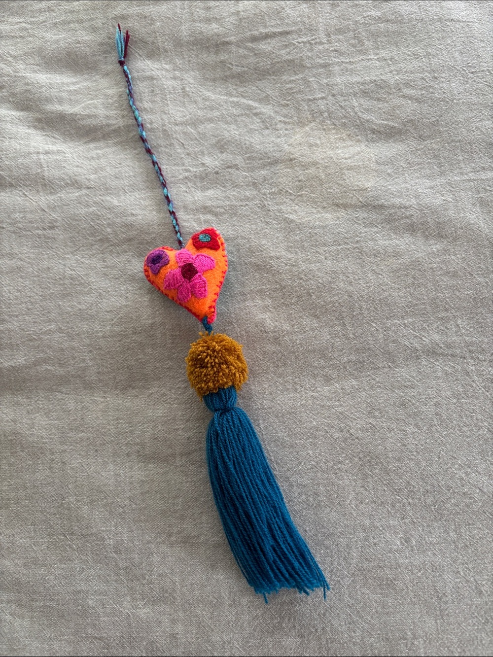 Handmade Pink & Orange Heart Tassel Charm with Teal Tassel